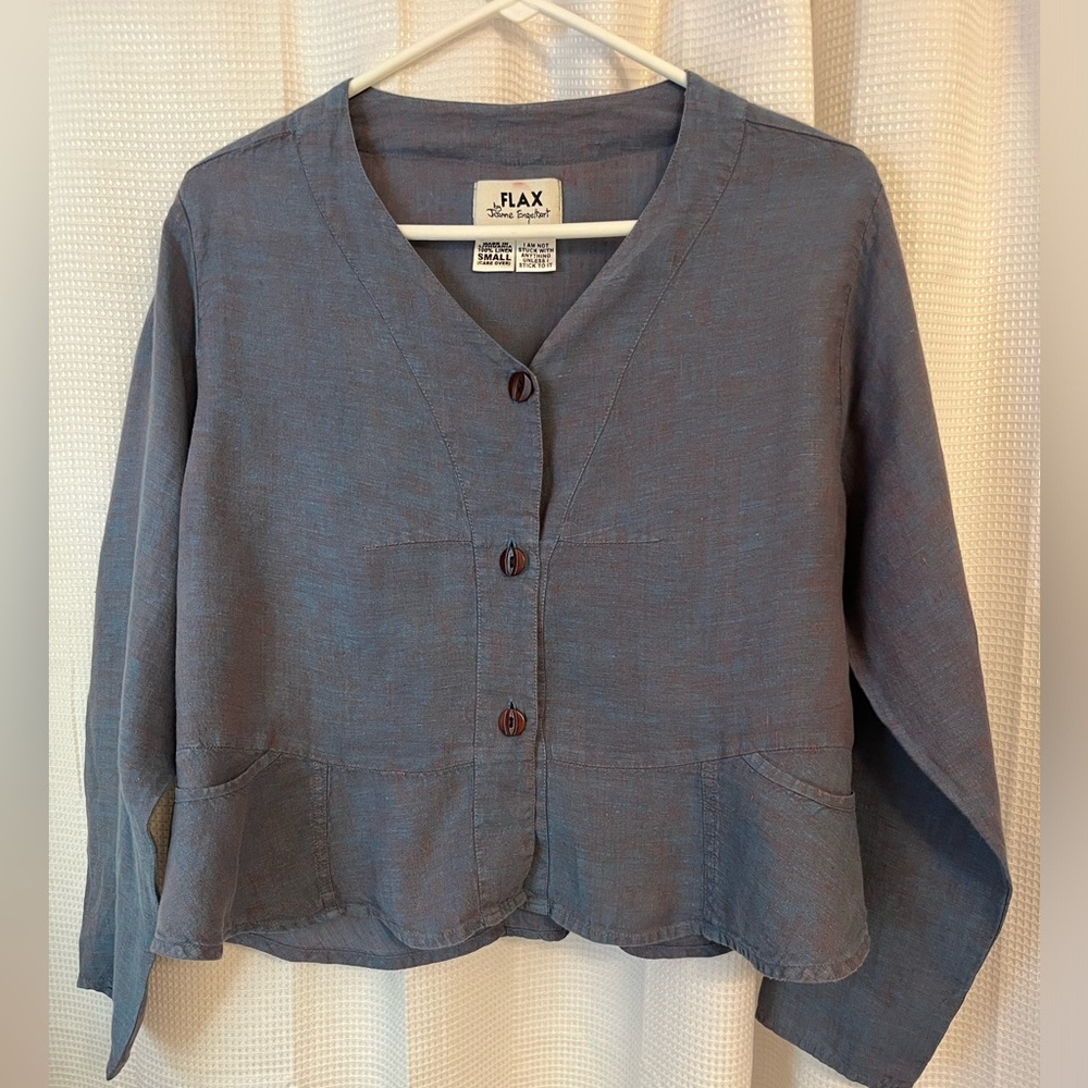 Flax small blue peplum linen top